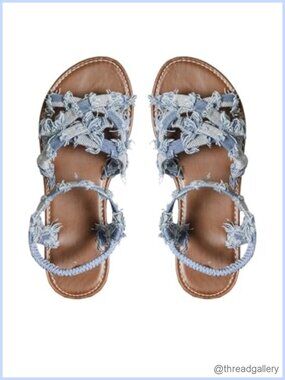 Denim Criss Cross Strappy Flat Sandals with Ankle Straps Casual